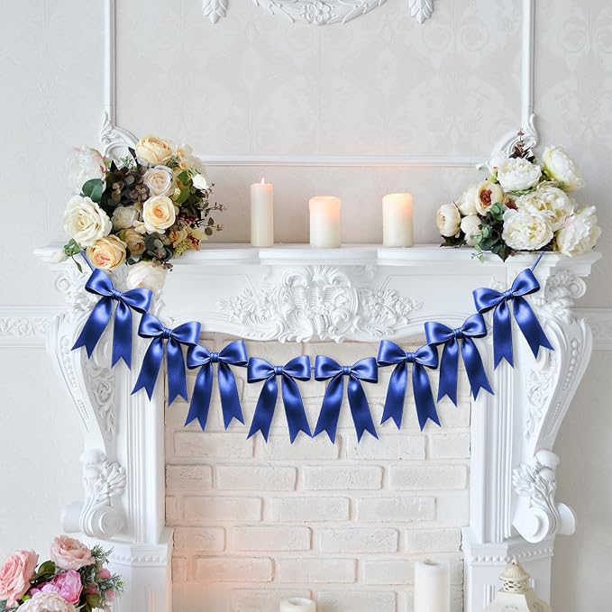 1 String of 8PCS Navy Blue Bow Garland Banner Decoration,Pre-Strung Satin Ribbon Ornaments for Birthday,Bachelorette Party,Bridal Shower,Wedding,Engagement,Baby Shower,Graduation Decor,Anniversary
