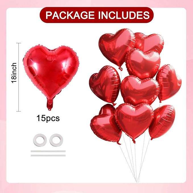 TONIFUL 15Pcs 18 Inch Red Heart Balloons Valentine’s Day Heart Shape Foil Mylar Balloons Decoration for Romantic Valentine's Day Wedding Bridal Shower Anniversary Engagement Party Supplies