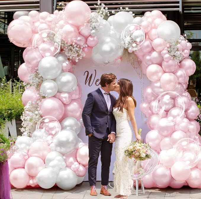 Pearl Pink White Balloon Arch Double Stuffed Pastel Light Pink White Cream Balloon Garland Kit With Bobo Balloons for Birthday Baby Shower Baby in Bloom Wedding Bridal Bachelorette Party Decor