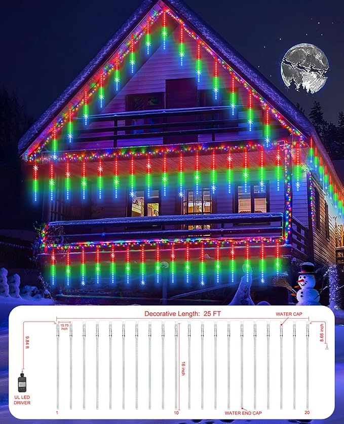 Christmas Lights Outdoor UL Certified Meteor Shower Light 16 Inch 20 Tubes 960 LED Falling Rain Drop Icicle Snow Cascading Lighting for Xmas Tree Wedding Party Garden Decoration, Colorful