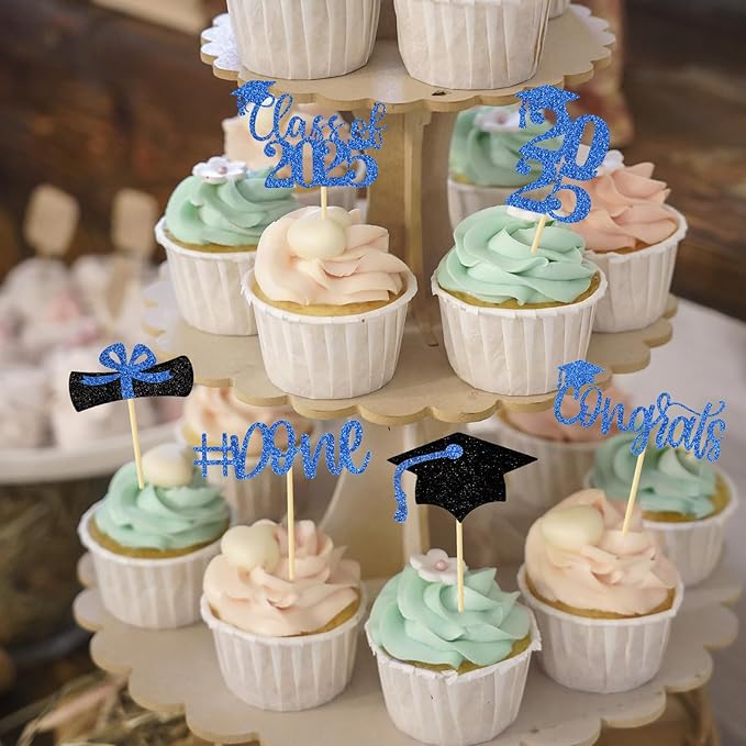 24Pcs Graduation Cupcake Toppers Glitter Congrats Grad Diploma 2025 Graduation Cap Cupcake Picks Class of 2025 Cake Decorations for 2025 Theme Party Supplies(Blue)