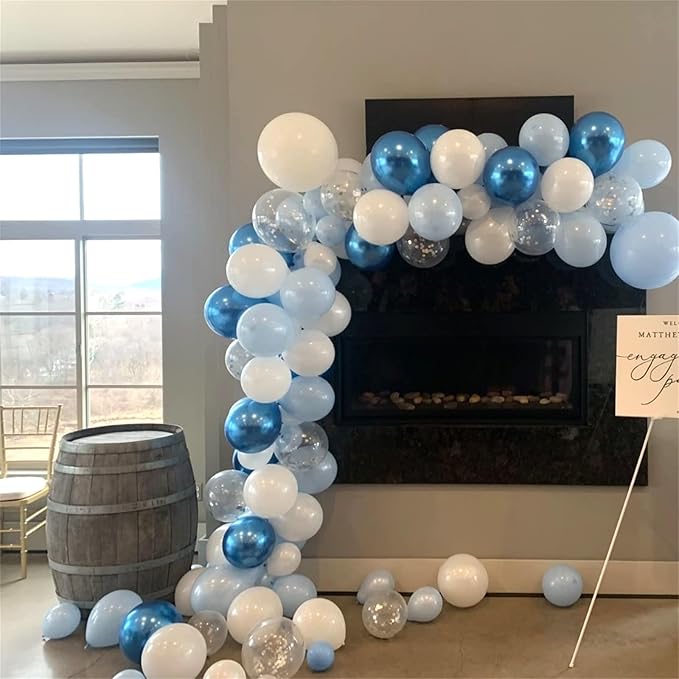 Blue and Silver Balloons, 12 Inch Metallic Blue Silver White Balloons Set, Pearl Light Blue Aqua Baby Blue Silver Confetti Latex Balloons for Boys Birthday Baby Shower Christening Party Decorations