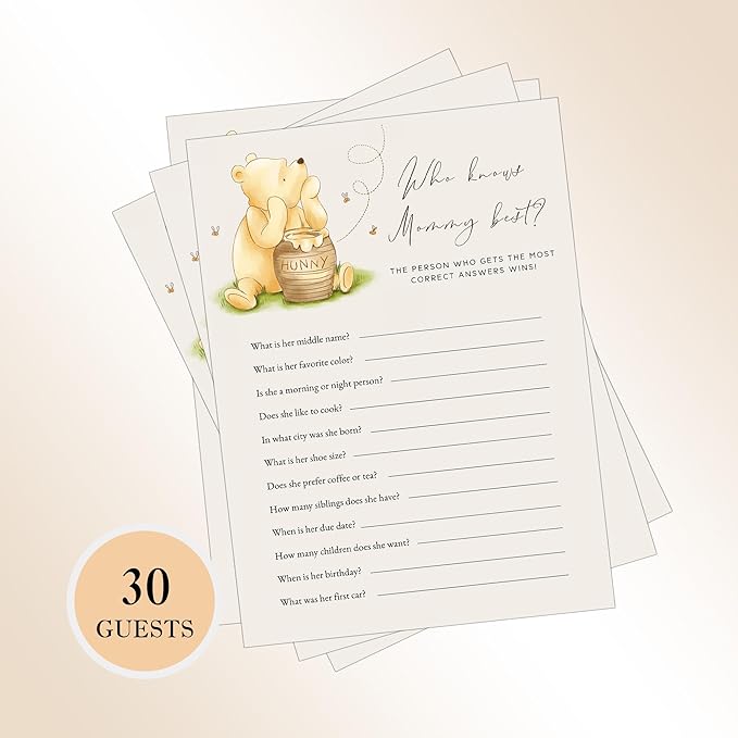 Winnie Baby Shower Games, Who Knows Mommy Best Baby Shower Game Cards, Baby Shower Decorations, Baby Shower Party Games Supplies & Activities, Set of 30 Cards