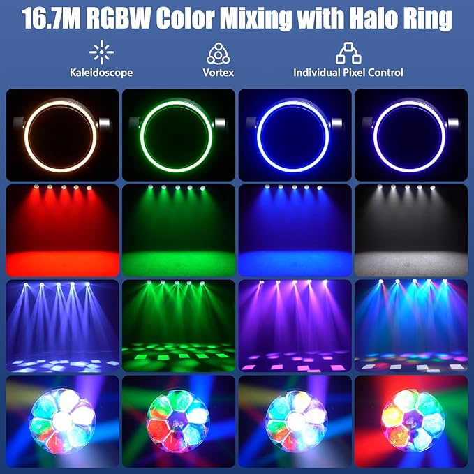 6PCS Moving Head Light 7x40W LED with Wash Beam Vortex Kaleidoscope Effect RGBW 4 in 1Color Bee Eye Focus DJ Light by DMX and Sound Activated Control for Concert Hall Theater Stage Lighting Effect