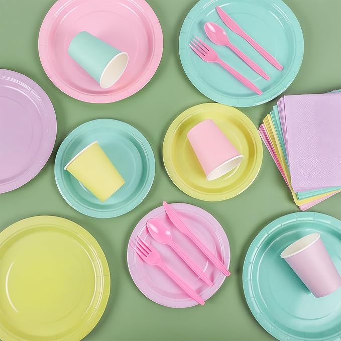 durony 192 Pcs Pastel Party Supplies Paper Plates Cups Napkins Macaron Color Pink Cutlery Plastic Forks Knives Spoons Disposable Tableware for Birthday Baby Shower Wedding Decorations Serve 24 Guests