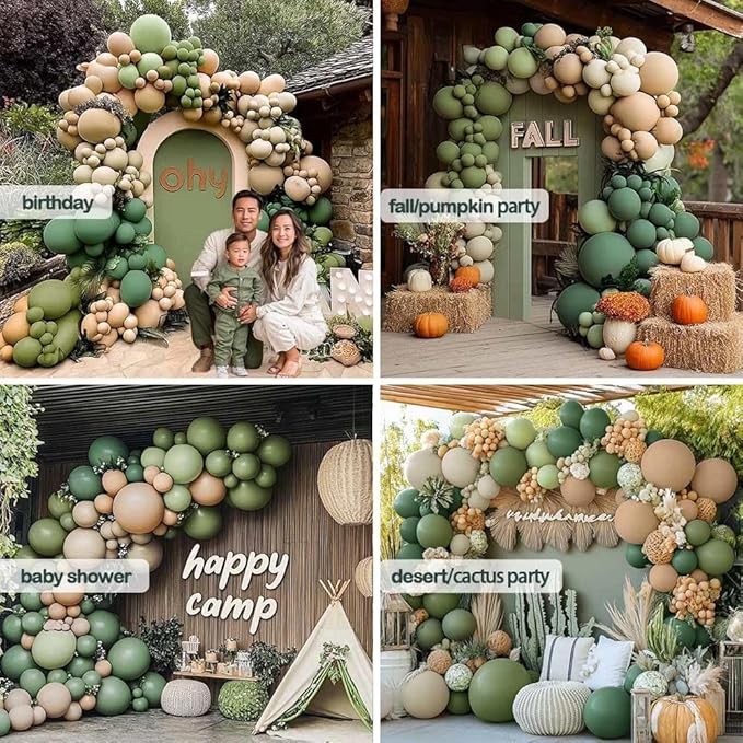 Sage Green Brown Balloon Arch Kit Double Stuffed Dusty Olive Green Tan White Sand Apricot Latex Balloon Garland for Neutral Baby Shower Safari Dinosaur Birthday Fall Party Decoration