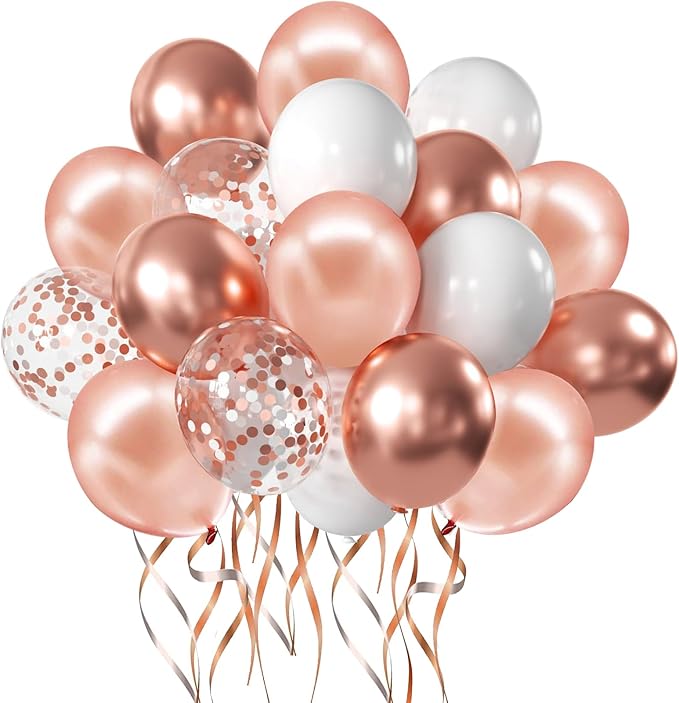 Zesliwy Rose Gold Confetti Balloons, 50 Pack 12 inch White and Rose Gold Latex Balloons with 33 Feet Rose Gold Ribbon for Birthday Party Wedding Graduation Bridal Shower Decorations.…