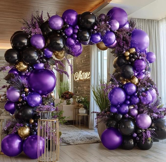 Purple Black Gold Balloon Garland Double Stuffed Dark Purple Black Balloons Metallic Lilac Balloon Arch Kit for Birthday Prom Anniversary Bachelorette Party Decoration