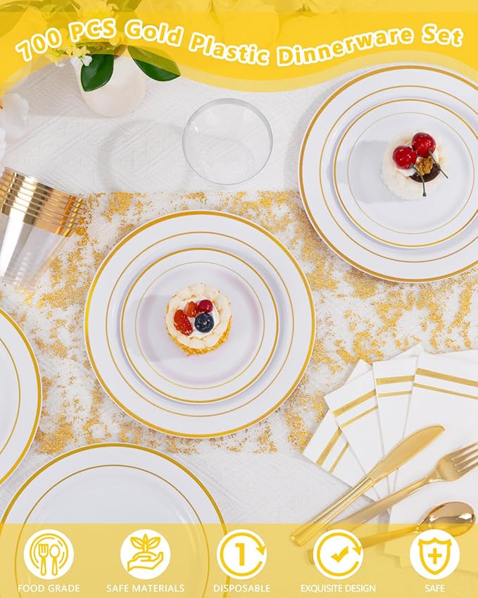 GATHER 700PCS Gold Plastic Plates - Whtie and Gold Disposable Dinnerware Sets 100Guest - 200 Disposable Plate, 300 Plastic Silverware, 100 Cups, 100 Napkins for Wedding & Party & Christmas