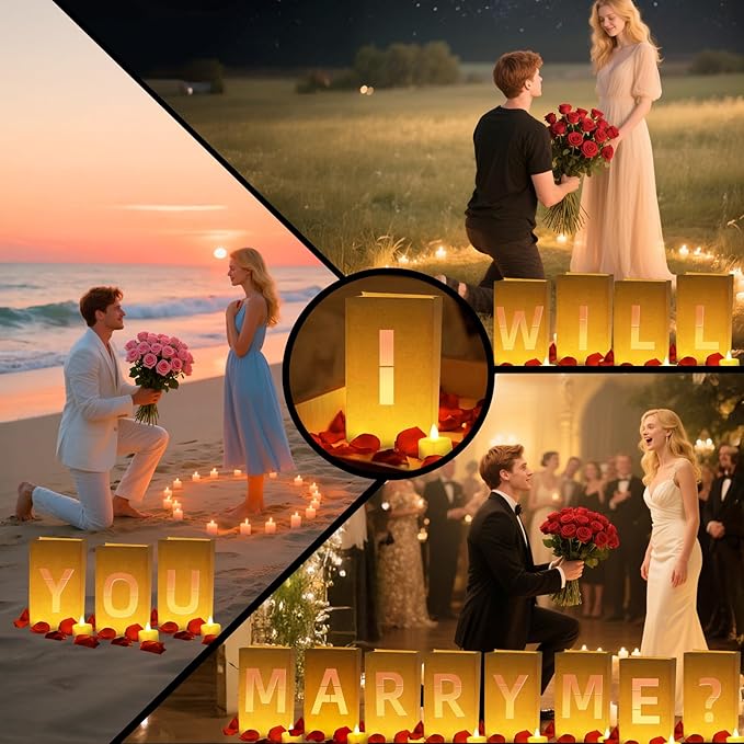 Will You Marry Me ? Light Up Letters, Include Light up Letters, with Tea Lights Candles, Latex Balloons, Aluminum Balloons and Rose Petals, Anniversary and Valentines' Day Decorations for Women