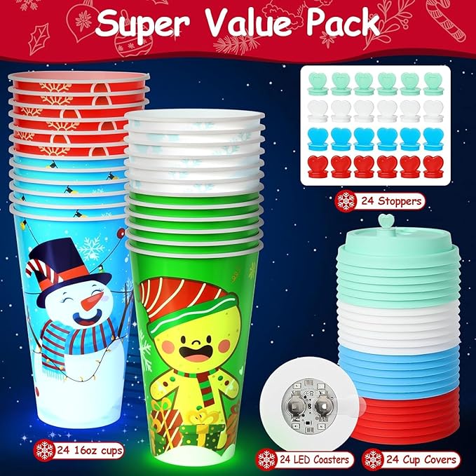 24 Sets Christmas Party Cups for Kids, 16OZ Glow Christmas Plastic Cup for Holiday Movie Night Party Favors Supplies Decorations, Holiday Decor