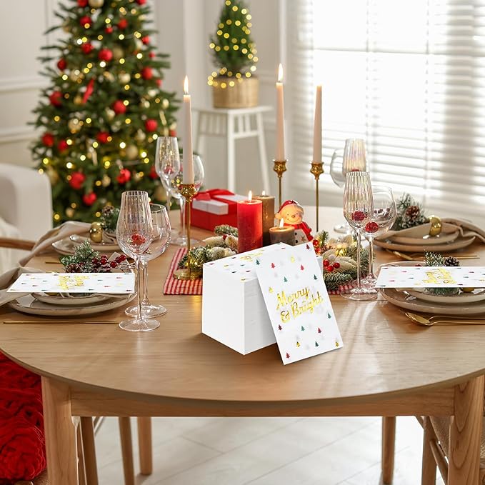 100 Pcs Christmas Tree Paper Napkins Disposable, Merry Bright Red Green Gold Foil Cocktail Napkins, Xmas Holiday Party Guest Dinner Napkin Hand Towels for Christmas Winter Party Supplies, 4.3x7.9 Inch