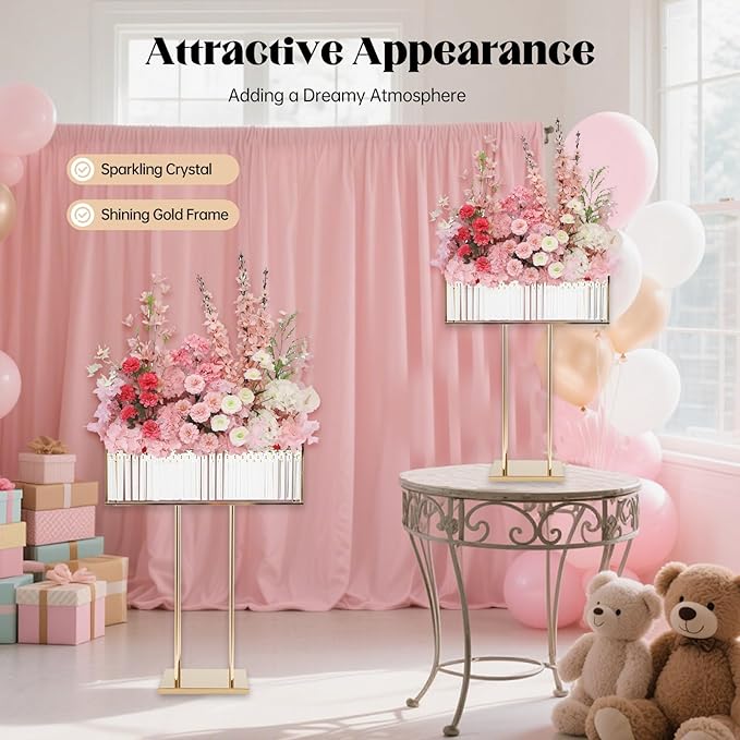 Tall Crystal Flower Stand for Wedding Centerpieces – 28" x 12" Gold Metal Pedestal with Sparkling Crystal Pendants, Elegant Flower Vase Stand for Tables, Parties, Banquets & Event Decorations