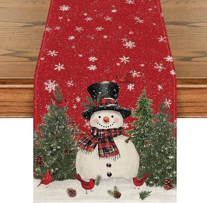 Artoid Mode Snowman Christmas Birds Trees Table Runner, Seasonal Winter Xmas Holiday Kitchen Dining Table Decoration for Indoor Outdoor Home Party Decor 13 x 72 Inch