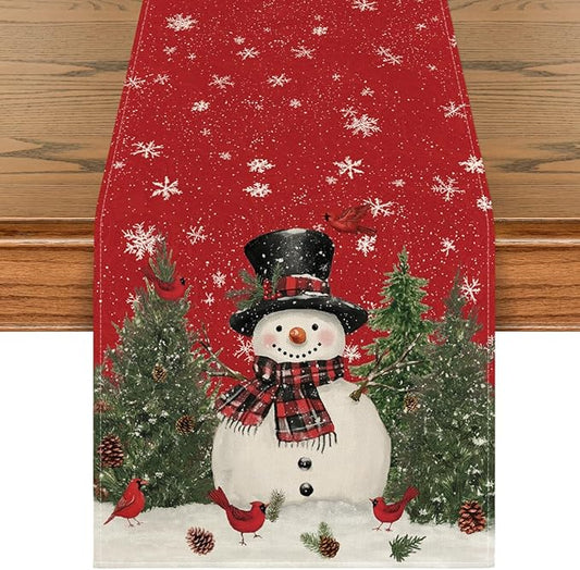 Artoid Mode Snowman Christmas Birds Trees Table Runner, Seasonal Winter Xmas Holiday Kitchen Dining Table Decoration for Indoor Outdoor Home Party Decor 13 x 36 Inch