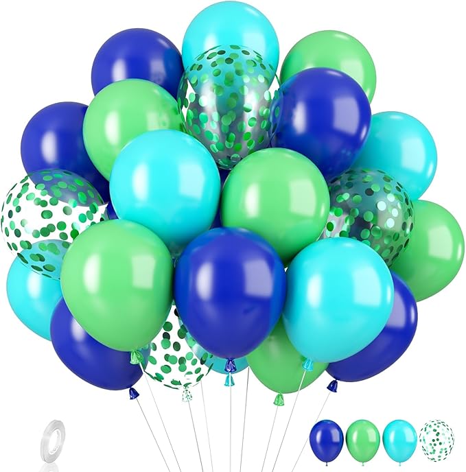 Blue and Green Birthday Balloons, 35pcs Confetti and Latex Balloons for Boys Birthday, Baby Shower, Dinosaur Theme Party Supplies
