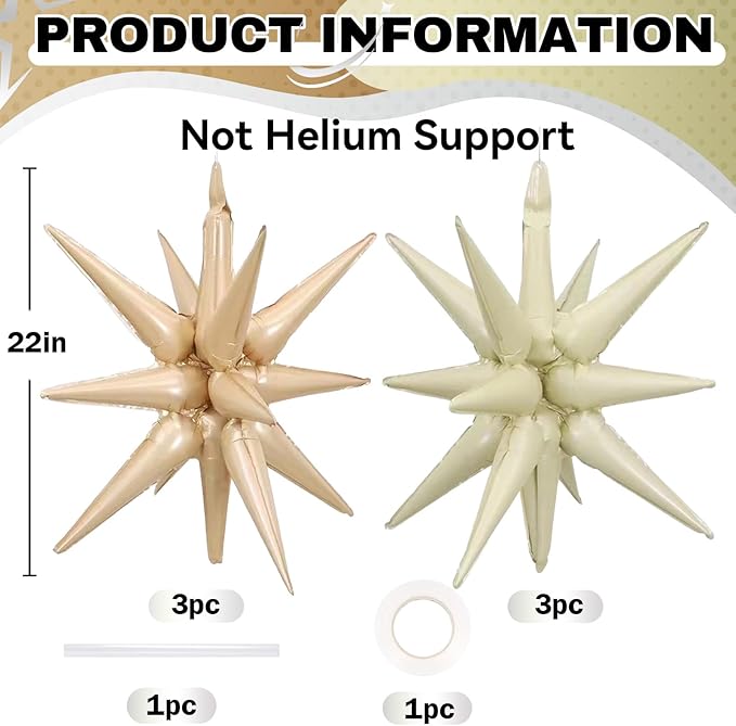 6PCS Star Balloons, 22Inch Large Cream Caramel Star Balloon Foil Balloons Spike Cone Balloon for Birthday Baby Shower Wedding Boho Party Decorations