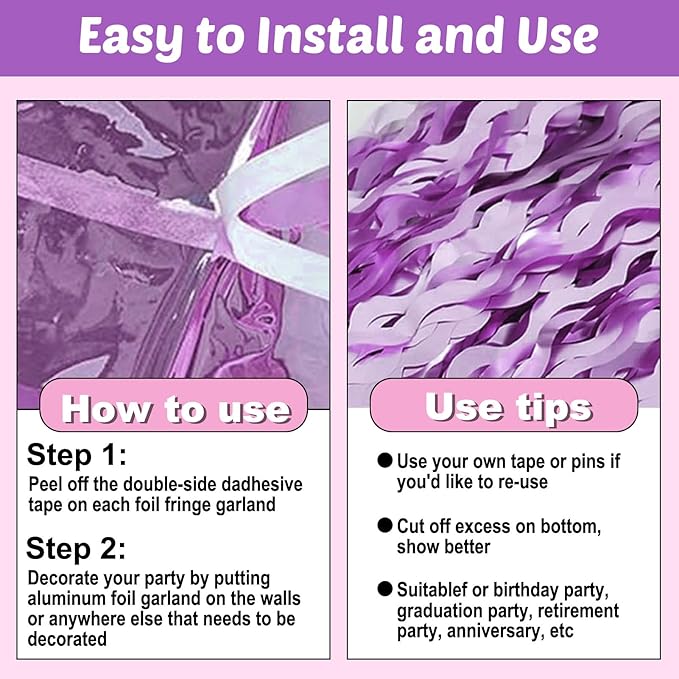 6 Pack 10 Feet Light Purple Wave Foil Fringe Garland Metallic Tinsel Streamers Banner Wall Hanging Curtain Backdrop for Parade Floats, Mother's Day, Easter, Wedding, Birthday Party Decoration