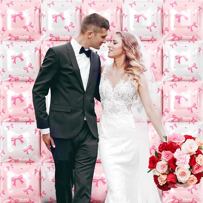 NISOCY 25PCS White Pink Bow Square Foil Balloons Wall Backdrop Double Sided White Coquette Pink Bow Balloons Tunnel for Birthday Wedding Valentines Bachelorette Bridal Baby Shower Party Decorations