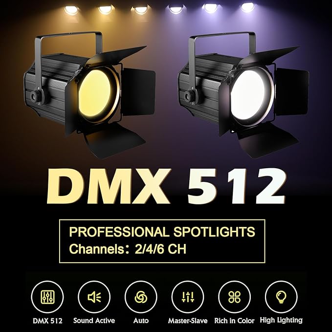 200W LED Stage Light, COB Par Lights with Barn Doors, DMX Blinder Stage Lighting Sound Activated for Wedding Live Show Christmas Party (Warm White & Cool White 2PC)