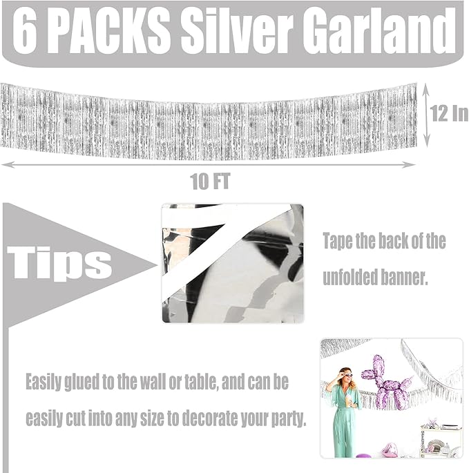 10 Pack 10 Feet Silver Foil Fringe Garland Metallic Tinsel Streamers Banner Wall Hanging Curtain Backdrop for Parade Floats, Bachelorette, Wedding, Birthday, Halloween, Christmas Party Decorations