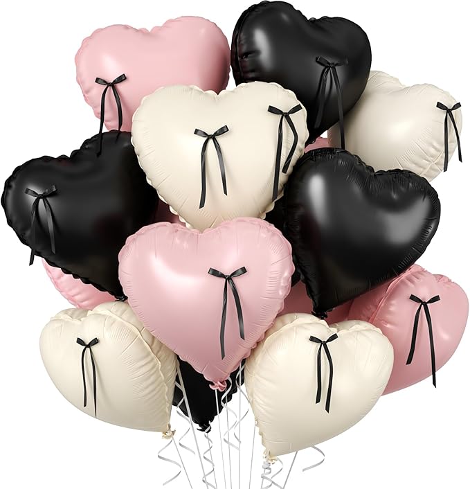 Pink and Black Heart Balloons, 10 Pcs Baby Pink Cream Heart Shaped Balloon with Black Bow Ribbon, 18 Inch Pink Sand White Foil Balloons for Brithday Baby Shower Wedding Valentines Party Decoration
