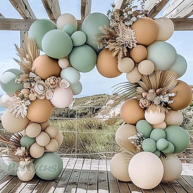 Dusty Green Tan Balloon Arch Kit Double Stuffed, Light Sage Green White Sand Brown Apricot Pastel Neutral Balloon Garland for Boho Baby Shower Birthday Wedding Fall Christmas Party Decoration