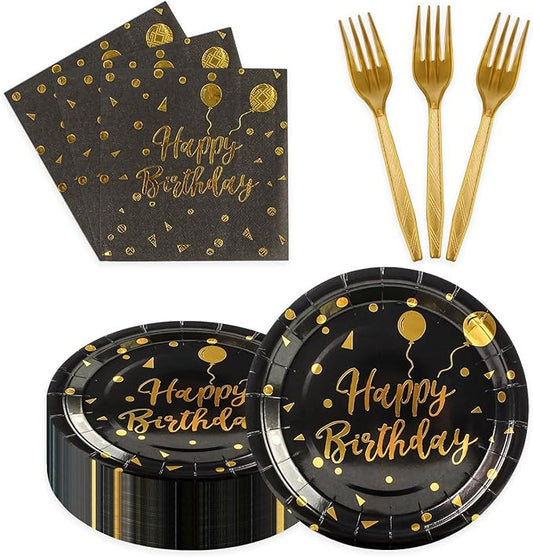 90PCS Happy Birthday Plates and Napkins Party Supplies, Disposable Black Gold Dot Dessert Paper Plates Napkins with Forks Tableware Set Party Decorations for Girl Women Birthday Parties