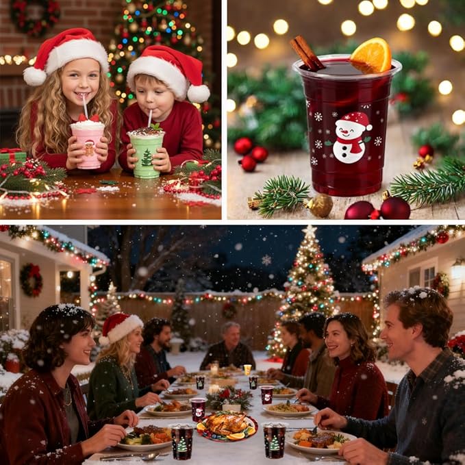 60 Pcs Christmas Cups, 16 oz Disposable Christmas Plastic Cups Snowflake Xmas Trees Santa Claus Snowman Gingerbread Man Party Cups for Winter Holiday Party Supplies