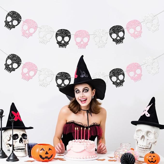2PC Black/Silver/Pink Skull Garland for Halloween Party Decorations Glitter Skull Banner for Girl/Women Gothic Birthday Decorations Supplies