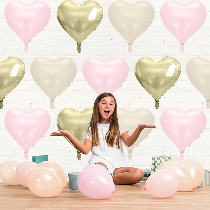 Baby Pink Gold Heart Balloons, 10 Pcs Light Gold Cream Heart Shaped Balloon, 18 Inch Light Pink Sand White Foil Balloons for Girls Women Brithday Bridal Baby Shower Wedding Valentines Party Decoration