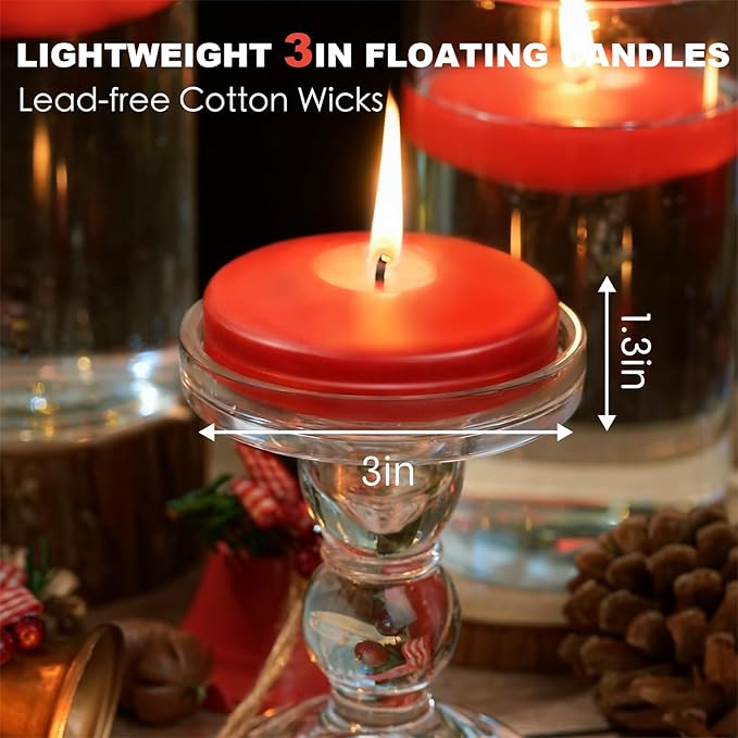 24 Pack Red Floating Candles 3 inch, Unscented Traditional 3" Floating Candles for Centerpieces,7 Hours Burning, Red Water Candles for Cylinder Vases, Wedding, Party, Pool