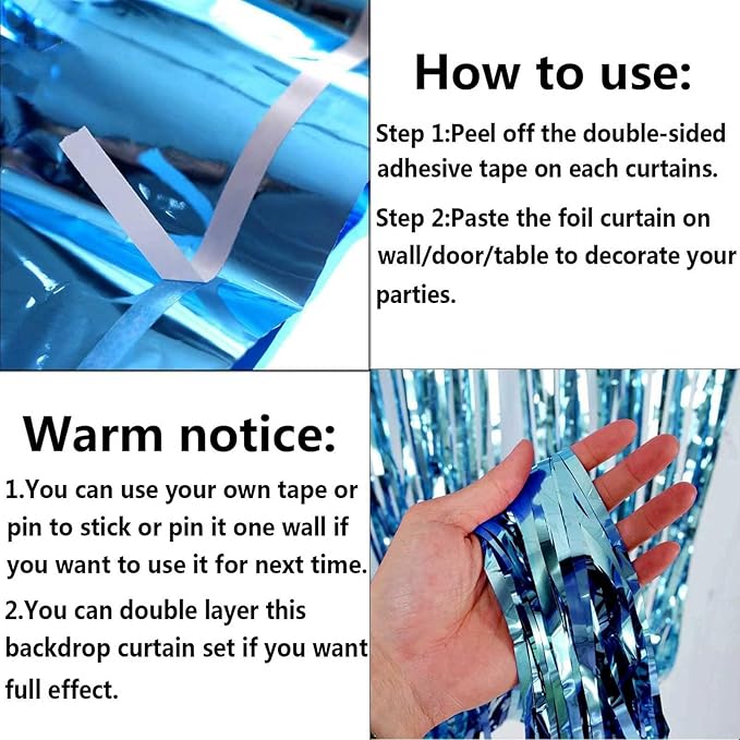 4 Pack Light Blue Foil Fringe Curtain Backdrop, 3.28Ft x 8.2Ft Metallic Tinsel Foil Fringe Streamer Curtains for Photo Booth Props, Birthday, Wedding, Christmas Decoration Party Supplies New