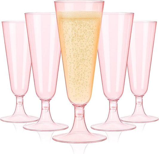 50 Pack Pink Clear Plastic Champagne Flutes, 5 Oz Disposable Champagne Glasses, Unbreakable Acrylic Mimosa Glasses Wedding Cocktail Cups for Engagement Birthday Graduation Party Decorations Supplies