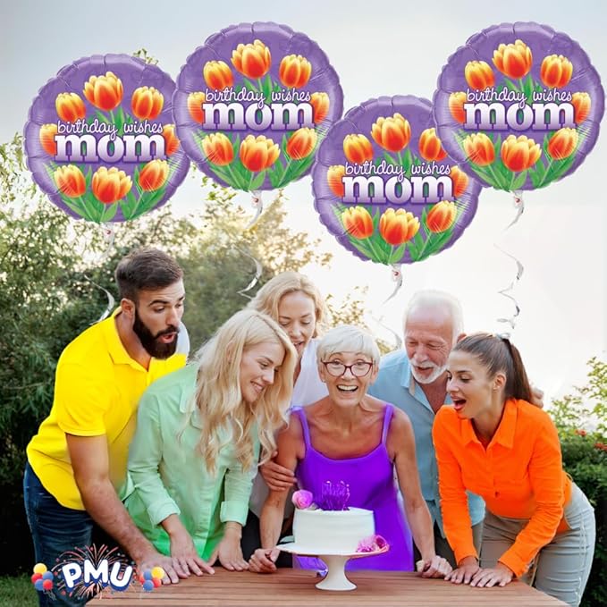 PMU Birthday Wishes Mom Tulips 18 Inch Mylar-Foil Balloon Pkg/5