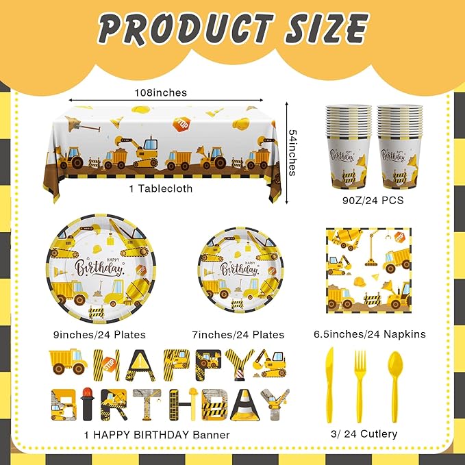 Construction Birthday Decorations, 170 Pcs Construction Birthday Party Supplies Including Banner, Plates, Cups, Napkins, Cutlery and Tablecloths, Serves 24