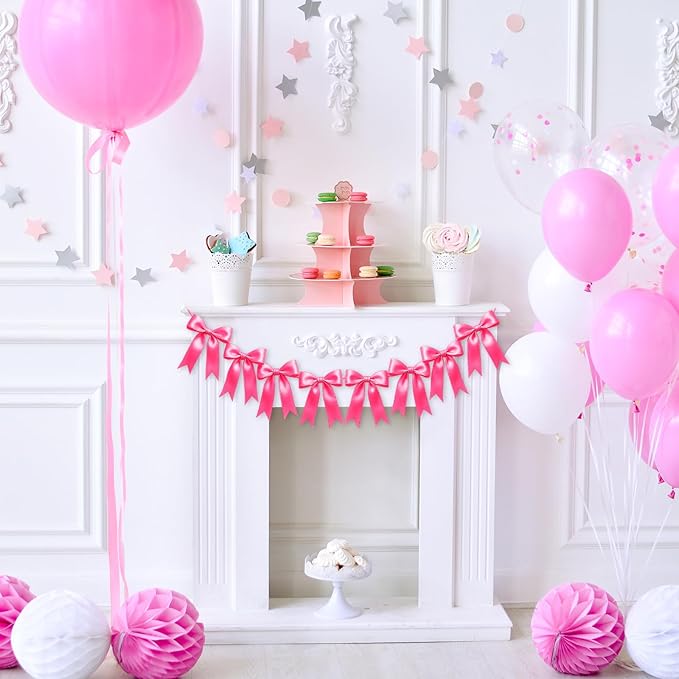 1 String of 8PCS Hot Pink Bow Garland Banner Decoration,Pre-Strung Satin Ribbon Ornaments for Birthday,Bachelorette Party,Bridal Shower,Wedding,Engagement,Baby Shower,Graduation Decor,Anniversary
