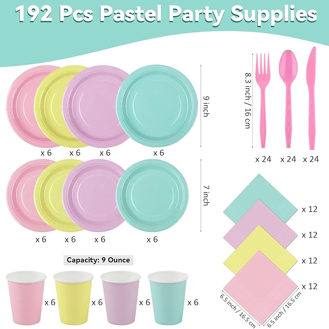 durony 192 Pcs Pastel Party Supplies Paper Plates Cups Napkins Macaron Color Pink Cutlery Plastic Forks Knives Spoons Disposable Tableware for Birthday Baby Shower Wedding Decorations Serve 24 Guests