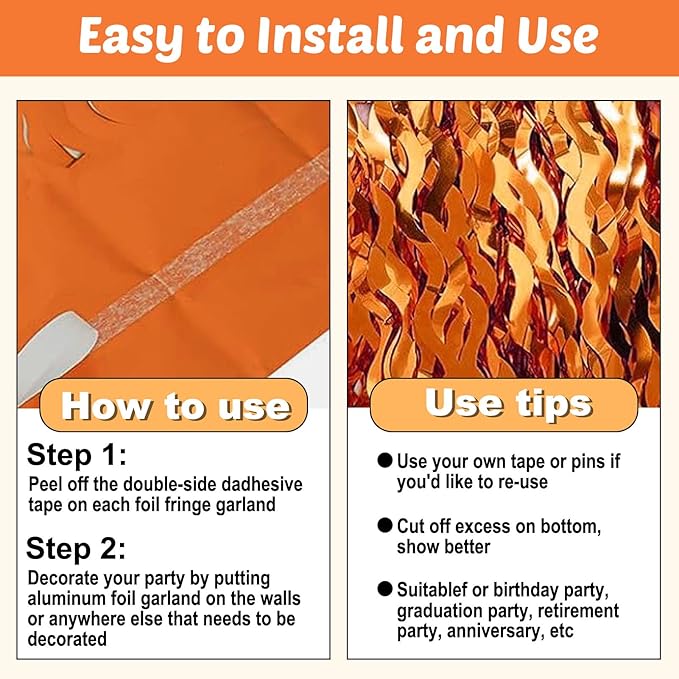 6 Pack 10 Feet Orange Wave Foil Fringe Garland Metallic Tinsel Streamers Banner Wall Hanging Curtain Backdrop for Parade Floats, Mother's Day, Easter, Wedding, Birthday Party Decoration