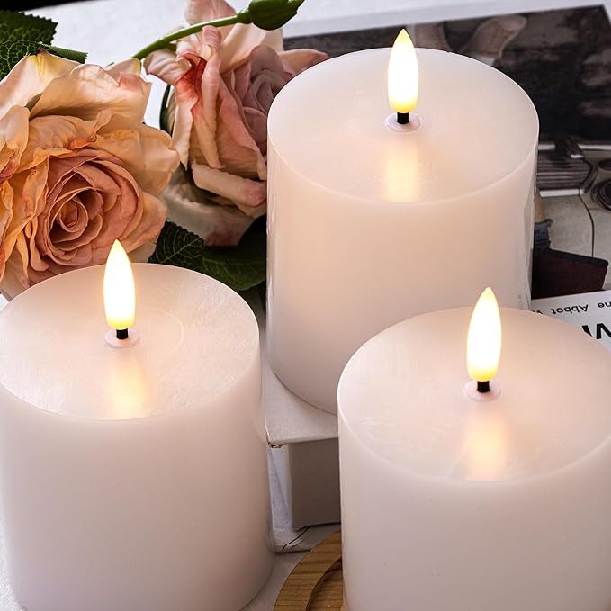 White Flameless Candles Set of 3 (3"x3") Battery Operated LED Pillar Candles with Remote and Timer, Real Wax Flickering Candles for Fireplace Bedroom Living Room Home Decor and Indoor Use