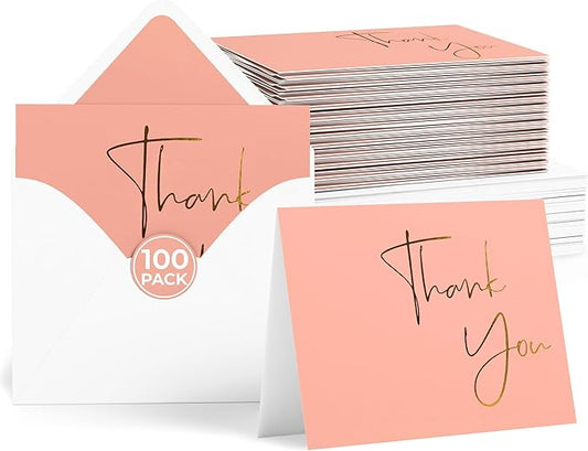 VNS Creations Gold Foil Thank You Cards With Envelopes Bulk Set & Stickers - 100 Pack 4x6 Blank Thank You Notes Box Set - Large Note Card Small Business, Wedding, Baby Shower & Bridal Shower - Peach