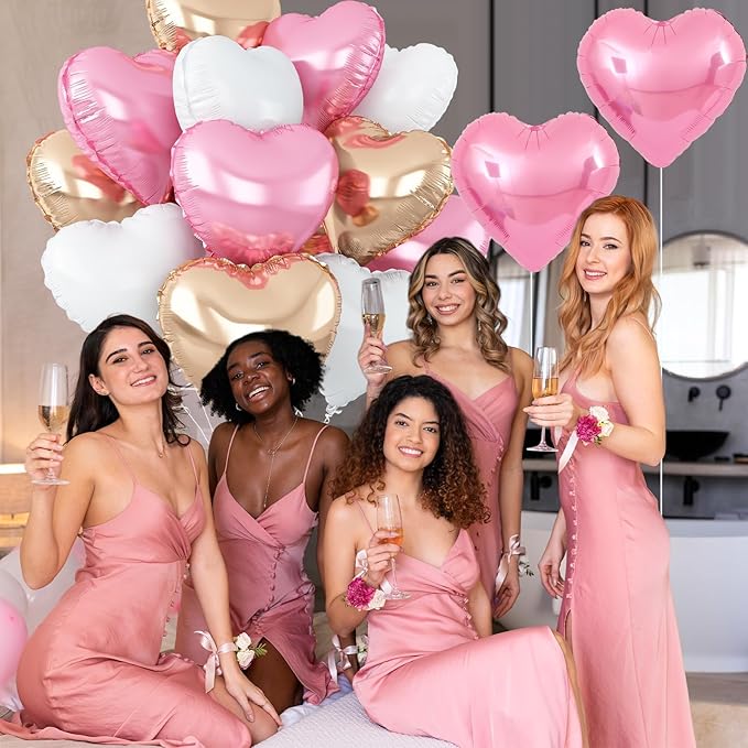 Pink White Heart Balloons,12Pcs Rose Gold Heart Shaped Foil Balloons,18Inch White Rose Gold Helium Polyester Film Balloon for Valentine's Day Birthday Engagement Wedding Party Decorations