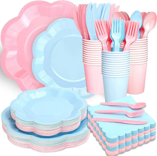 416 Pcs Pink And Blue Party Supplies - For 52 Guests Paper Plates And Napkins Knives Spoons Forks Cups - Disposable Big Scalloped Dinner Party Set Cutlery - For Baby Shower Bridal Shower Wedding