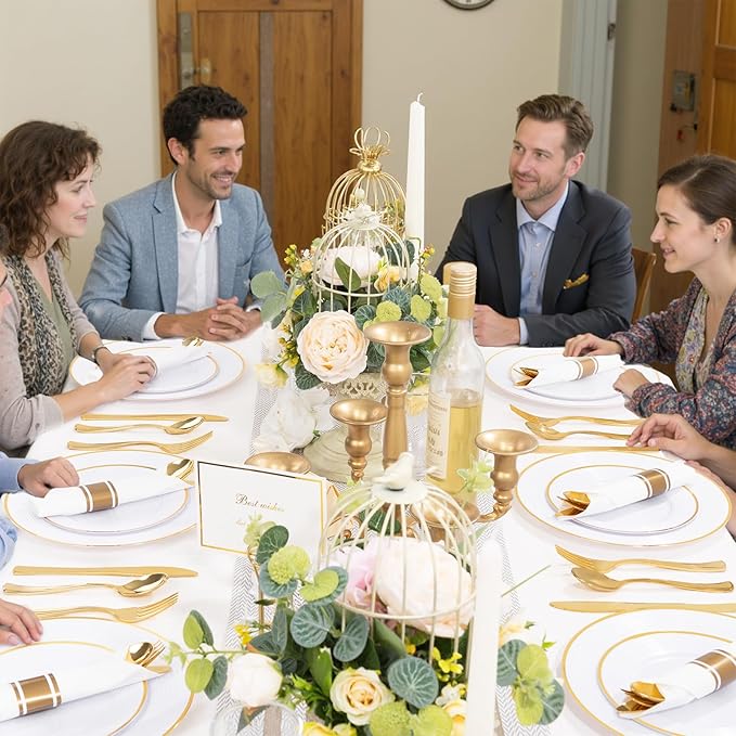 Liacere 100Pack Pre Rolled Gold Silverware and Napkin-Disposable Gold Plastic Utensils-Wrapped Plastic Cutlery Set with Napkin:100 Forks,100 Knives,100 Spoons,100 Napkins for Christmas＆New Year