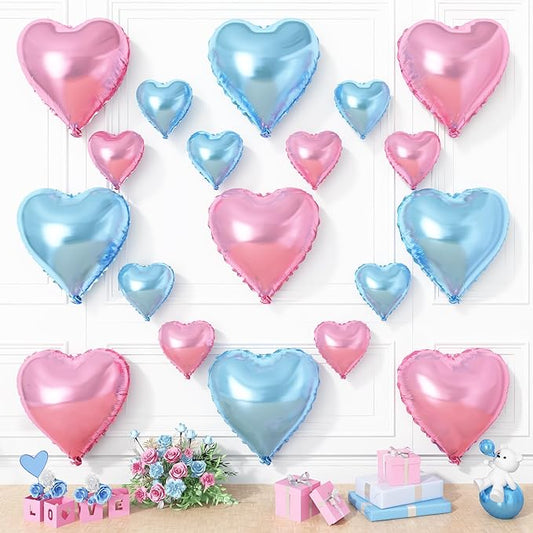 Pink Blue Heart Balloons, 19PCS Pink and Blue Heart Shape Balloons, 18Inch with 10Inch Pastel Blue Pink Helium Foil Balloon Love Balloon for Birthday Baby Shower Party Decorations