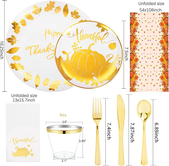 Festiva 176Pcs Thanksgiving Plastic Plates - Heavy Duty Thanksgiving Plates - Thanksgiving Disposable Dinnerware Set include 50 Plates,75 Silverware, 25 Cups, 25 Pumpkins Napkins, 1Tablecloth