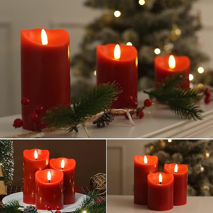 Flameless Candles with Remote, Battery Operated Christmas Candles with Timer Real Wax LED Flickering Fake Electric Candles for Christmas Party Home Decor, Set of 3 (Red)
