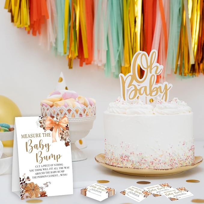 Bow Measure The Baby Bump - Thanksgiving Baby Shower Card Set (1 Sign With 50 Guess Cards), Fall Florals Gender Reveal Party Favor Supplies -A09