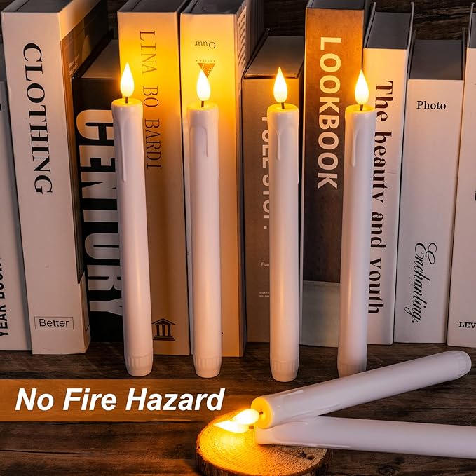 Homemory 12 Pcs Plastic Flameless Taper Candles with Remote Timer Dimmer, White Taper Candles Battery Operated with Flickering Flame Light Lifelike Led Candlesticks for Indoor Decoration 9.6 Inches