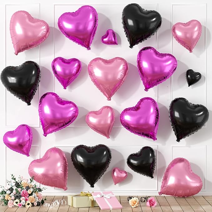 Hot Pink Black Heart Balloons, Heart Shaped Ballons, 20 Pcs 5/10/18 inch Pink Black Foil Love Balloons for Valentine's Day Wedding Engagement Bridal Showers Anniversary Celebrations